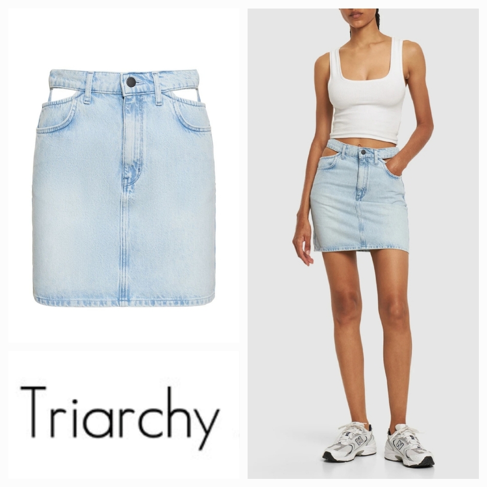 TRIARCHY Ms. Stone High Rise Side Cutout Denim Mini Skirt Light Indigo Size 27
